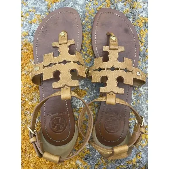 Tory Burch Women’s Sandals Ankle Strap Logo Brown 7.5M EUC Leather - Picture 4 of 9